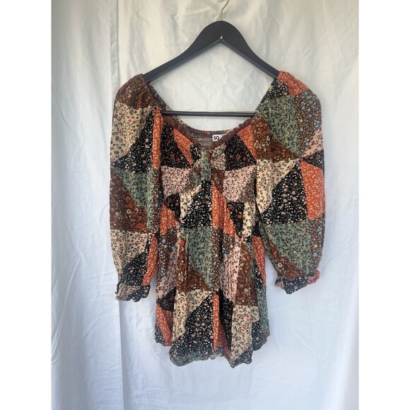 SO Babydoll Top Women’s Size Small Patchwork Floral Hippie Boho Cottage Flowy - Picture 1 of 6